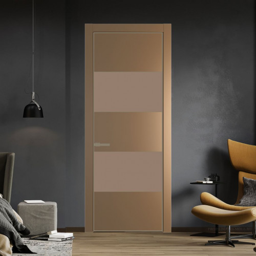 Межкомнатная дверь ProfilDoors 22 PE с вставкой из стекла монохром капучино Перламутр золото с алюминиевой кромкой Шампань