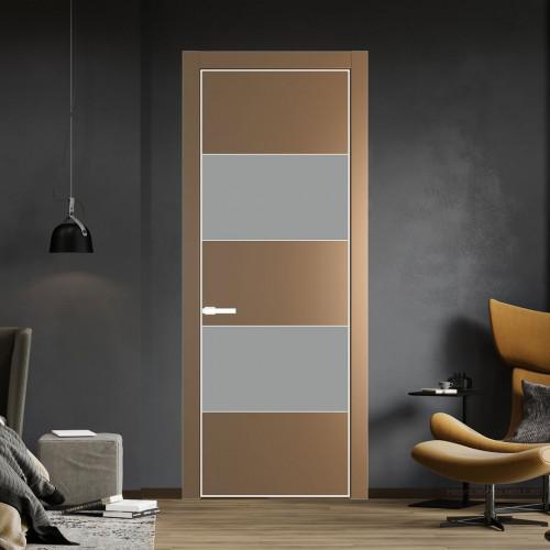 Межкомнатная дверь ProfilDoors 22 PE с вставкой из стекла монохром серый Перламутр золото с алюминиевой кромкой Вайт
