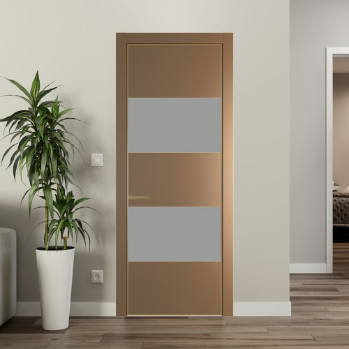 Межкомнатная дверь ProfilDoors 22 PE с вставкой из стекла монохром серый Перламутр золото с алюминиевой кромкой Золото