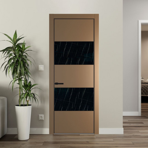 Межкомнатная дверь ProfilDoors 22 PE с вставкой из стекла неро мрамор Перламутр золото с алюминиевой кромкой Черный
