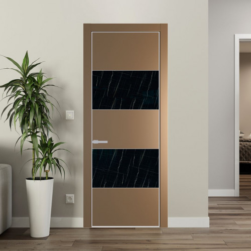 Межкомнатная дверь ProfilDoors 22 PE с вставкой из стекла неро мрамор Перламутр золото с алюминиевой кромкой Матовая