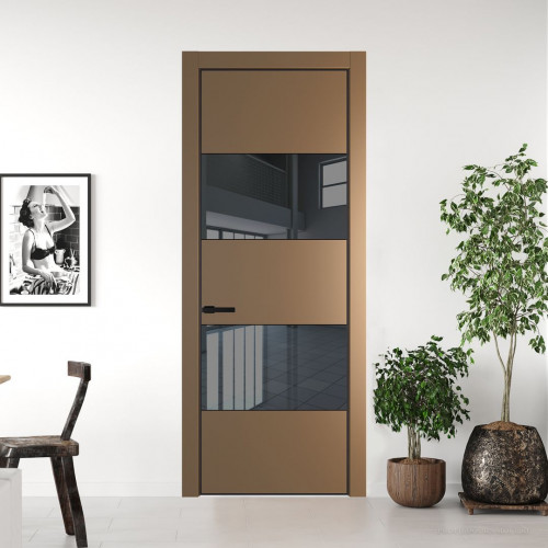 Межкомнатная дверь ProfilDoors 22 PE с вставкой из стекла зеркало grey Перламутр золото с алюминиевой кромкой Черный
