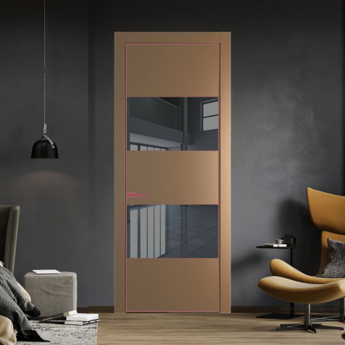 Межкомнатная дверь ProfilDoors 22 PE с вставкой из стекла зеркало grey Перламутр золото с алюминиевой кромкой Красный антрацит