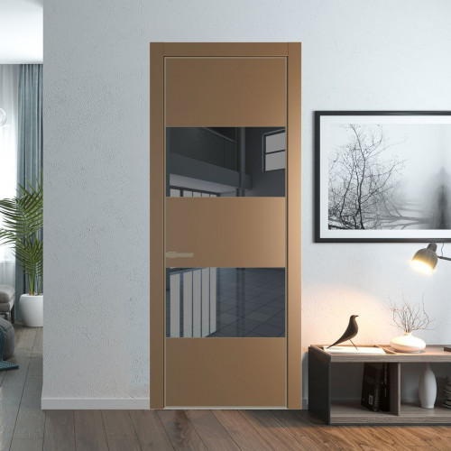 Межкомнатная дверь ProfilDoors 22 PE с вставкой из стекла зеркало grey Перламутр золото с алюминиевой кромкой Шампань