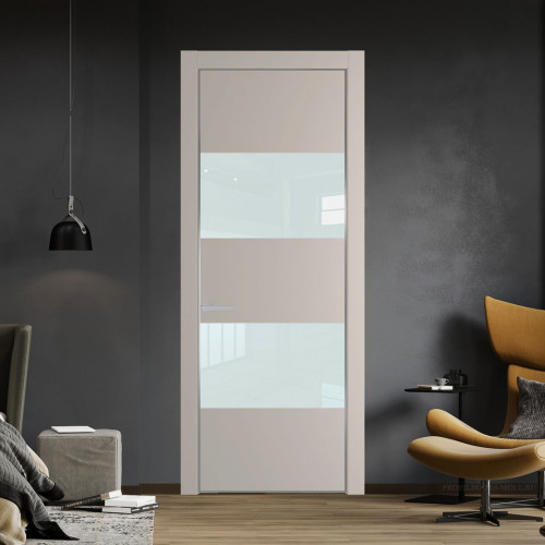 Межкомнатная дверь ProfilDoors 22 PE с вставкой из стекла белый лак Сэнд с алюминиевой кромкой Серебро