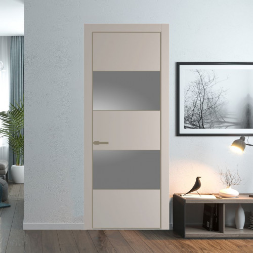 Межкомнатная дверь ProfilDoors 22 PE с вставкой из стекла серебро матлак Сэнд с алюминиевой кромкой Шампань