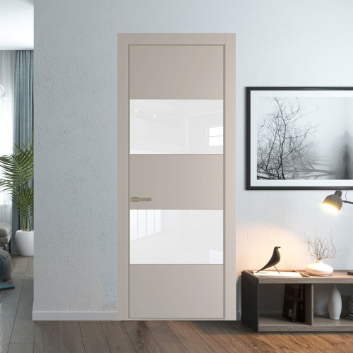 Межкомнатная дверь ProfilDoors 22 PE с вставкой из стекла лак классик Сэнд с алюминиевой кромкой Никель