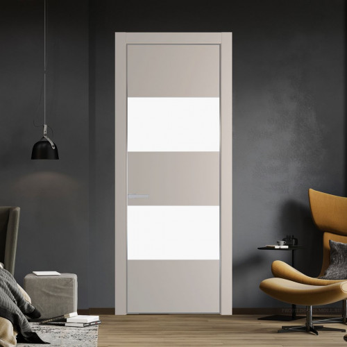 Межкомнатная дверь ProfilDoors 22 PE с вставкой из стекла монохром белый просветленный Сэнд с алюминиевой кромкой Серебро