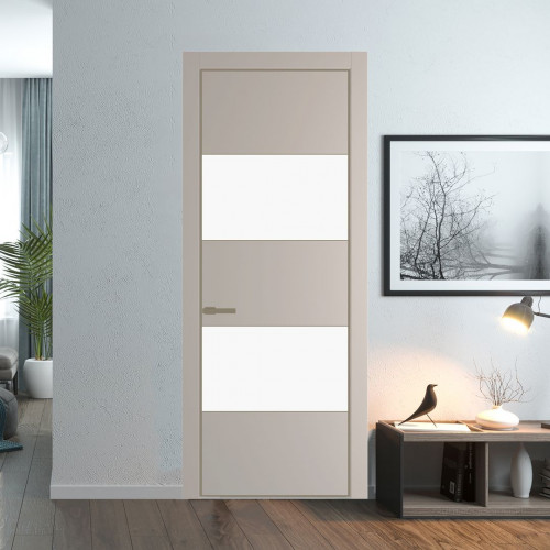 Межкомнатная дверь ProfilDoors 22 PE с вставкой из стекла монохром белый просветленный Сэнд с алюминиевой кромкой Шампань