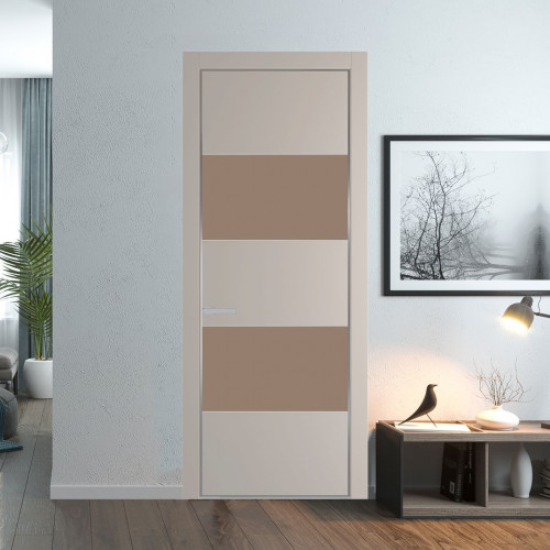 Межкомнатная дверь ProfilDoors 22 PE с вставкой из стекла монохром капучино Сэнд с алюминиевой кромкой Серебро