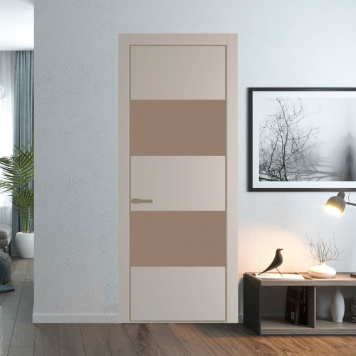 Межкомнатная дверь ProfilDoors 22 PE с вставкой из стекла монохром капучино Сэнд с алюминиевой кромкой Шампань