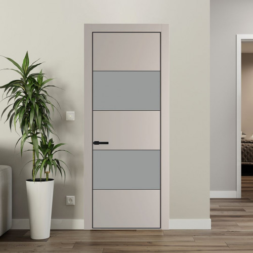 Межкомнатная дверь ProfilDoors 22 PE с вставкой из стекла монохром серый Сэнд с алюминиевой кромкой Черный
