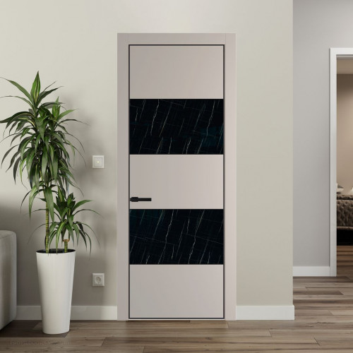 Межкомнатная дверь ProfilDoors 22 PE с вставкой из стекла неро мрамор Сэнд с алюминиевой кромкой Черный