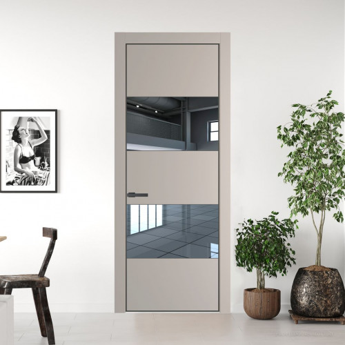 Межкомнатная дверь ProfilDoors 22 PE с вставкой из стекла зеркало Сэнд с алюминиевой кромкой Серая Ночь