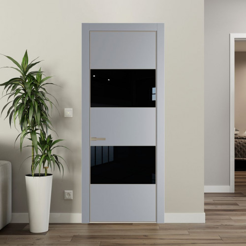 Межкомнатная дверь ProfilDoors 22 PE с вставкой из стекла черный лак Смоки с алюминиевой кромкой Никель