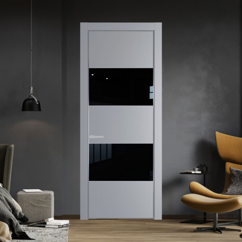 Межкомнатная дверь ProfilDoors 22 PE с вставкой из стекла черный лак Смоки с алюминиевой кромкой Серебро