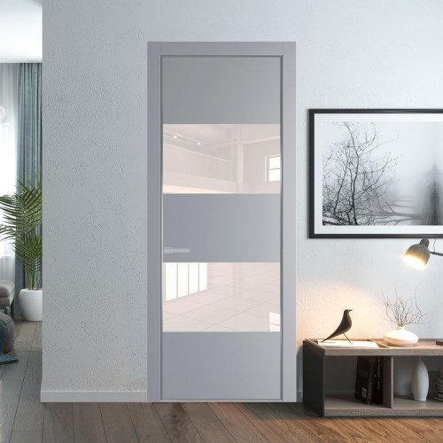 Межкомнатная дверь ProfilDoors 22 PE с вставкой из стекла перламутровый лак Смоки с алюминиевой кромкой Серебро