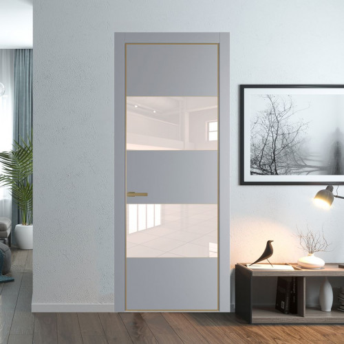 Межкомнатная дверь ProfilDoors 22 PE с вставкой из стекла перламутровый лак Смоки с алюминиевой кромкой Золото