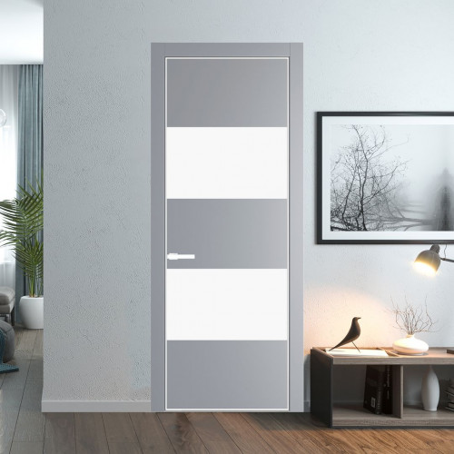 Межкомнатная дверь ProfilDoors 22 PE с вставкой из стекла монохром белый просветленный Смоки с алюминиевой кромкой Вайт