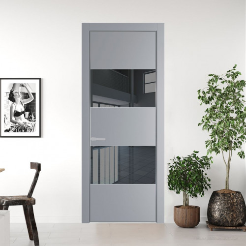 Межкомнатная дверь ProfilDoors 22 PE с вставкой из стекла зеркало grey Смоки с алюминиевой кромкой Серебро
