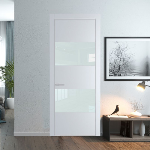 Межкомнатная дверь ProfilDoors 22 PE с вставкой из стекла белый лак Вайт с алюминиевой кромкой Матовая