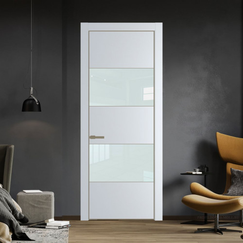 Межкомнатная дверь ProfilDoors 22 PE с вставкой из стекла белый лак Вайт с алюминиевой кромкой Шампань