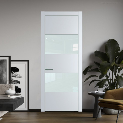 Межкомнатная дверь ProfilDoors 22 PE с вставкой из стекла белый лак Вайт с алюминиевой кромкой Зеленый воск