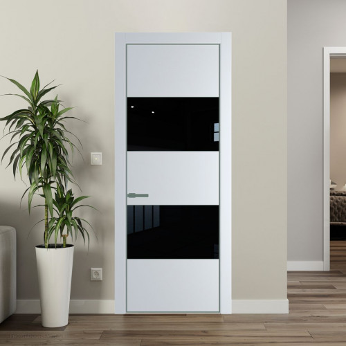 Межкомнатная дверь ProfilDoors 22 PE с вставкой из стекла черный лак Вайт с алюминиевой кромкой Зеленый воск