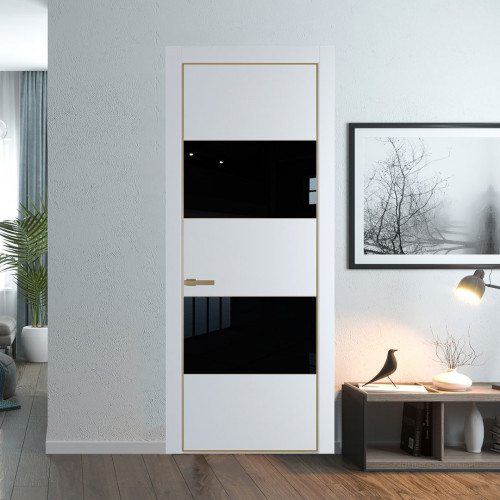 Межкомнатная дверь ProfilDoors 22 PE с вставкой из стекла черный лак Вайт с алюминиевой кромкой Золото