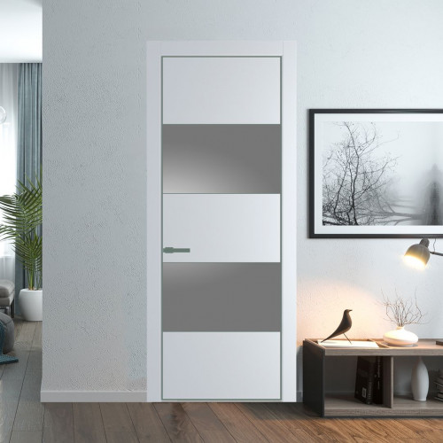 Межкомнатная дверь ProfilDoors 22 PE с вставкой из стекла серебро матлак Вайт с алюминиевой кромкой Зеленый воск