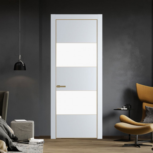 Межкомнатная дверь ProfilDoors 22 PE с вставкой из стекла монохром белый просветленный Вайт с алюминиевой кромкой Золото