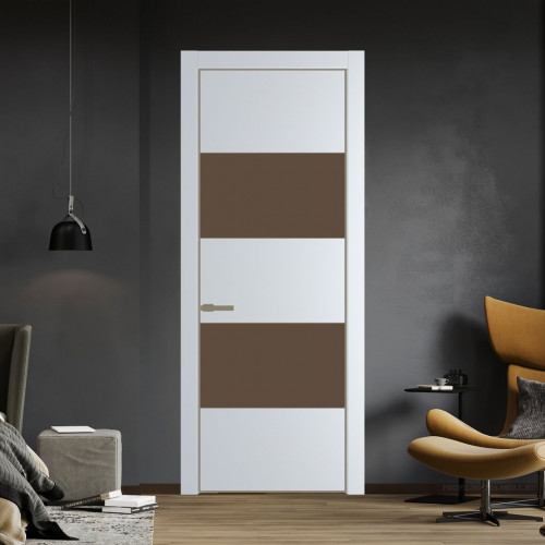 Межкомнатная дверь ProfilDoors 22 PE с вставкой из стекла монохром гляссе Вайт с алюминиевой кромкой Шампань