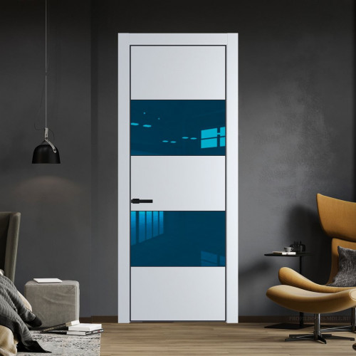 Межкомнатная дверь ProfilDoors 22 PE с вставкой из стекла зеркало blue Вайт с алюминиевой кромкой Черный