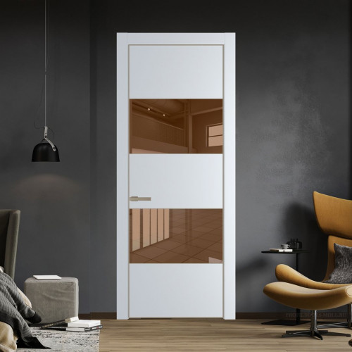 Межкомнатная дверь ProfilDoors 22 PE с вставкой из стекла зеркало bronze Вайт с алюминиевой кромкой Никель
