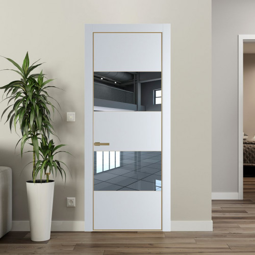 Межкомнатная дверь ProfilDoors 22 PE с вставкой из стекла зеркало Вайт с алюминиевой кромкой Золото