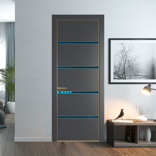 Межкомнатная дверь ProfilDoors 23 PE с вставкой из стекла зеркало blue Графит с алюминиевой кромкой Золото