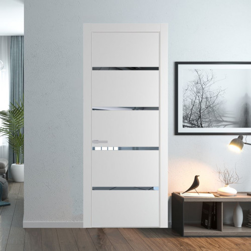 Межкомнатная дверь ProfilDoors 23 PE с вставкой из стекла зеркало Крем Вайт с алюминиевой кромкой Матовая