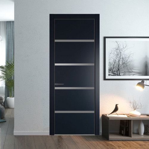 Межкомнатная дверь ProfilDoors 23 PE с вставкой из стекла серебро матлак Нэви Блу с алюминиевой кромкой Серая Ночь