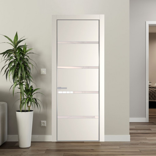 Межкомнатная дверь ProfilDoors 23 PE с вставкой из стекла перламутровый лак Перламутр белый с алюминиевой кромкой Серебро