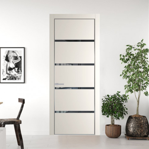 Межкомнатная дверь ProfilDoors 23 PE с вставкой из стекла зеркало grey Перламутр белый с алюминиевой кромкой Серебро