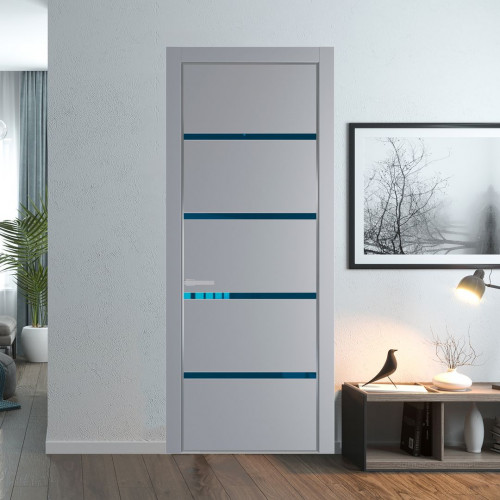 Межкомнатная дверь ProfilDoors 23 PE с вставкой из стекла зеркало blue Смоки с алюминиевой кромкой Серебро