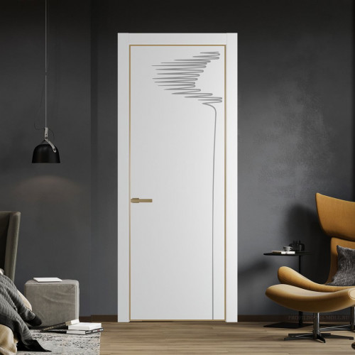 Межкомнатная дверь ProfilDoors 25 PE с фрезерованным рисунком Крем Вайт с алюминиевой кромкой Золото
