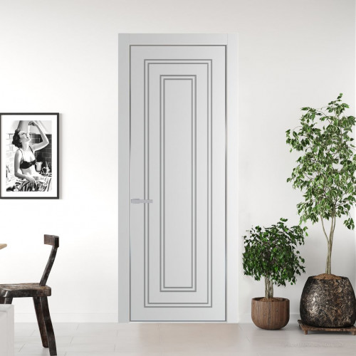 Межкомнатная дверь ProfilDoors 28 PE с фрезерованным рисунком Крем Вайт с алюминиевой кромкой Серебро