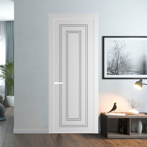 Межкомнатная дверь ProfilDoors 28 PE с фрезерованным рисунком Крем Вайт с алюминиевой кромкой Вайт