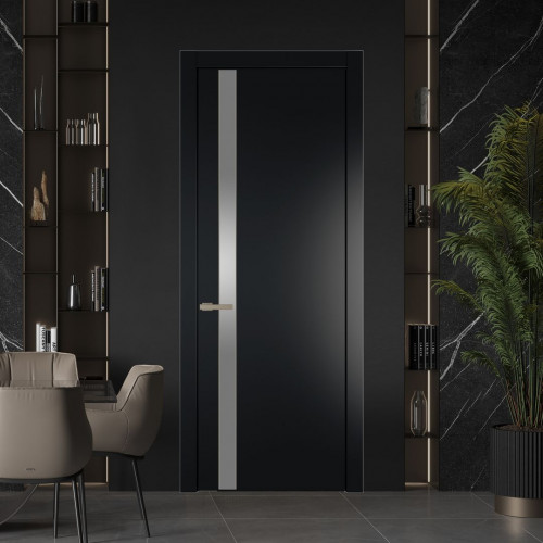Межкомнатная дверь ProfilDoors 18 PW Блэк Lacobel Серебряный лак молдинг Никель матовый