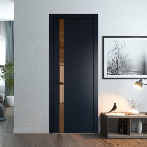 Межкомнатная дверь ProfilDoors 18 PW Нэви Блу Зеркало Bronza молдинг Черный матовый