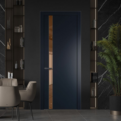 Межкомнатная дверь ProfilDoors 18 PW Нэви Блу Зеркало Bronza молдинг Серая ночь
